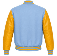 Light blue wool letterman jacket with gold cowhide sleeves, back view