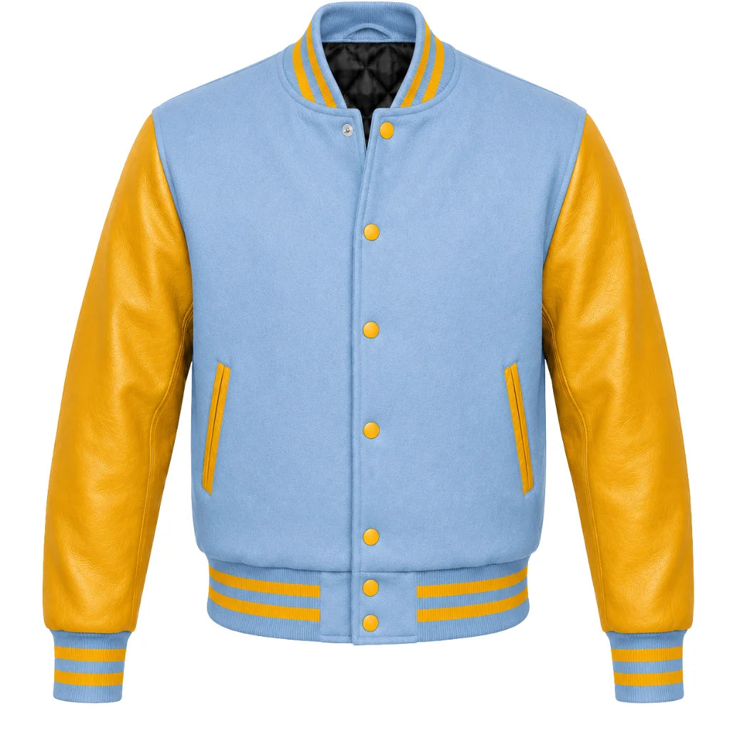 Light blue melton wool letterman jacket with gold leather sleeves, front view