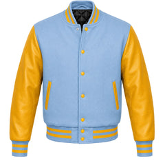 Light blue melton wool letterman jacket with gold leather sleeves, front view