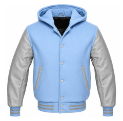 Light Blue and Grey Hooded Letterman Jacket