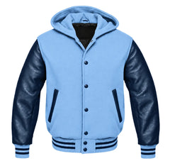 Light Blue and Navy Blue Hooded Varsity Jacket