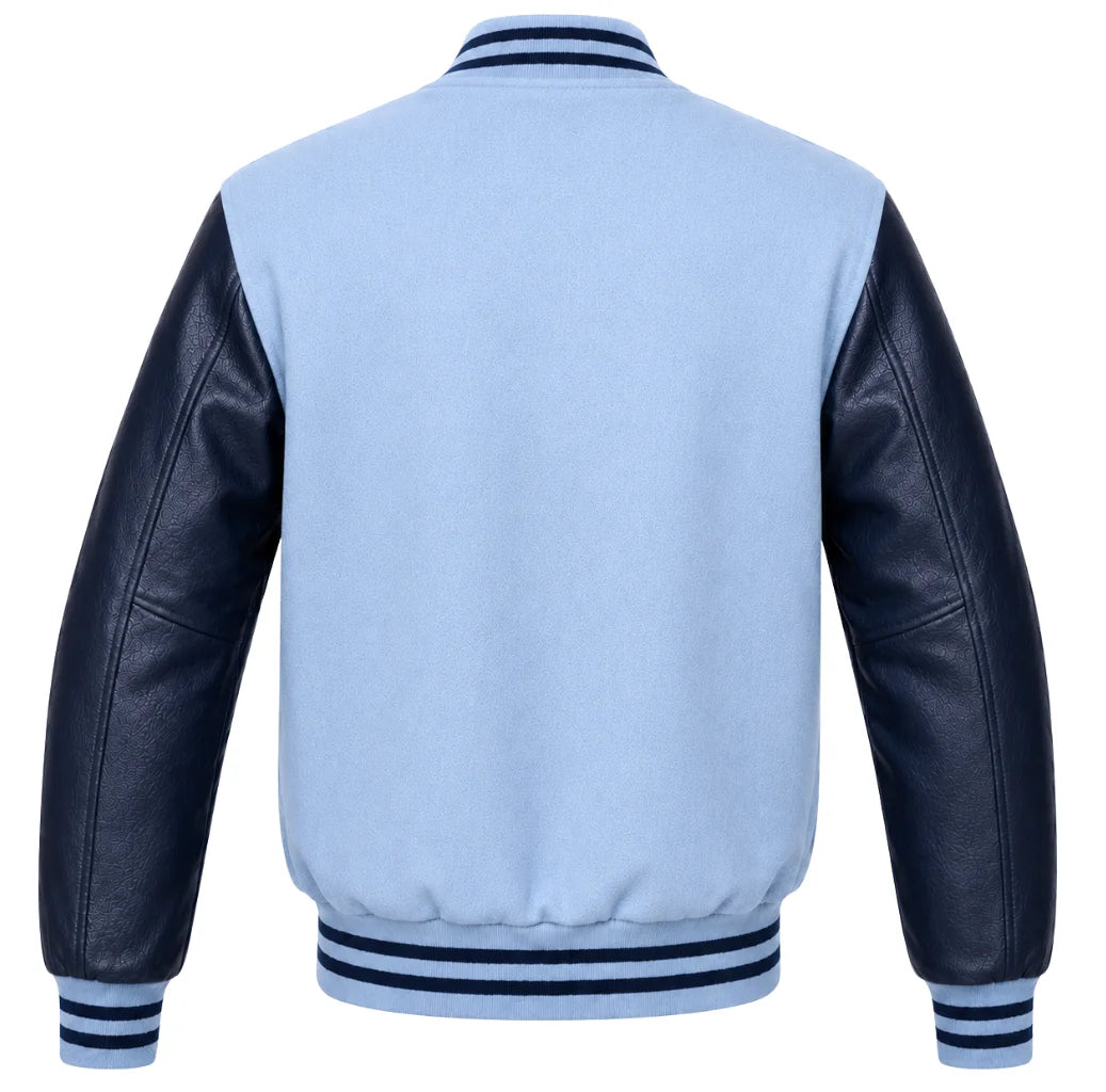 Light blue wool varsity jacket with navy blue leather sleeves, back view