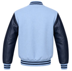 Light blue wool varsity jacket with navy blue leather sleeves, back view
