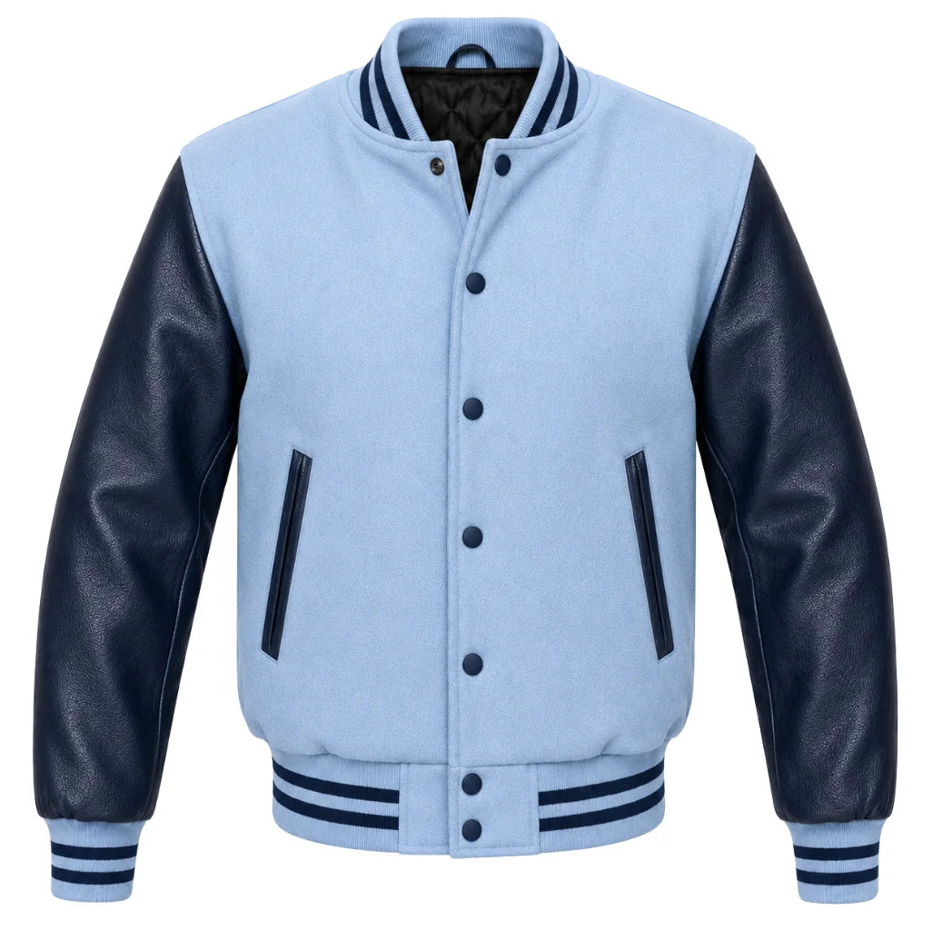 Light blue melton wool varsity jacket with navy blue cowhide sleeves, front view