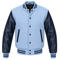 Light blue melton wool varsity jacket with navy blue cowhide sleeves, front view
