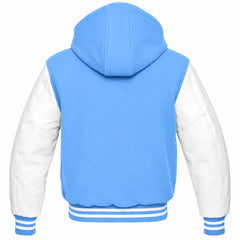 Light Blue and White Hooded Letterman Jacket