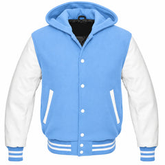 Light Blue and White Hooded Letterman Jacket