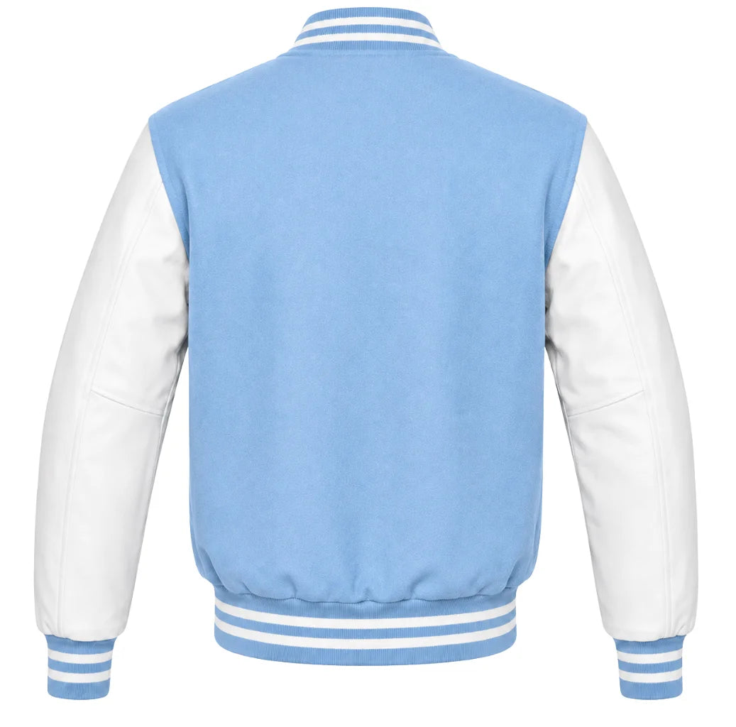 Light blue wool letterman jacket, white cowhide sleeves, back view