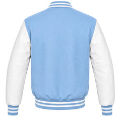 Light blue wool letterman jacket, white cowhide sleeves, back view