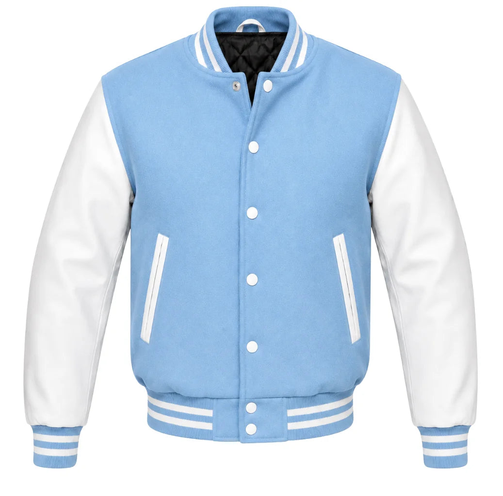 Light blue melton wool letterman jacket with white leather sleeves, front view