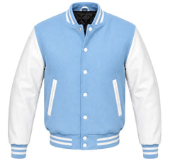 Light blue melton wool letterman jacket with white leather sleeves, front view