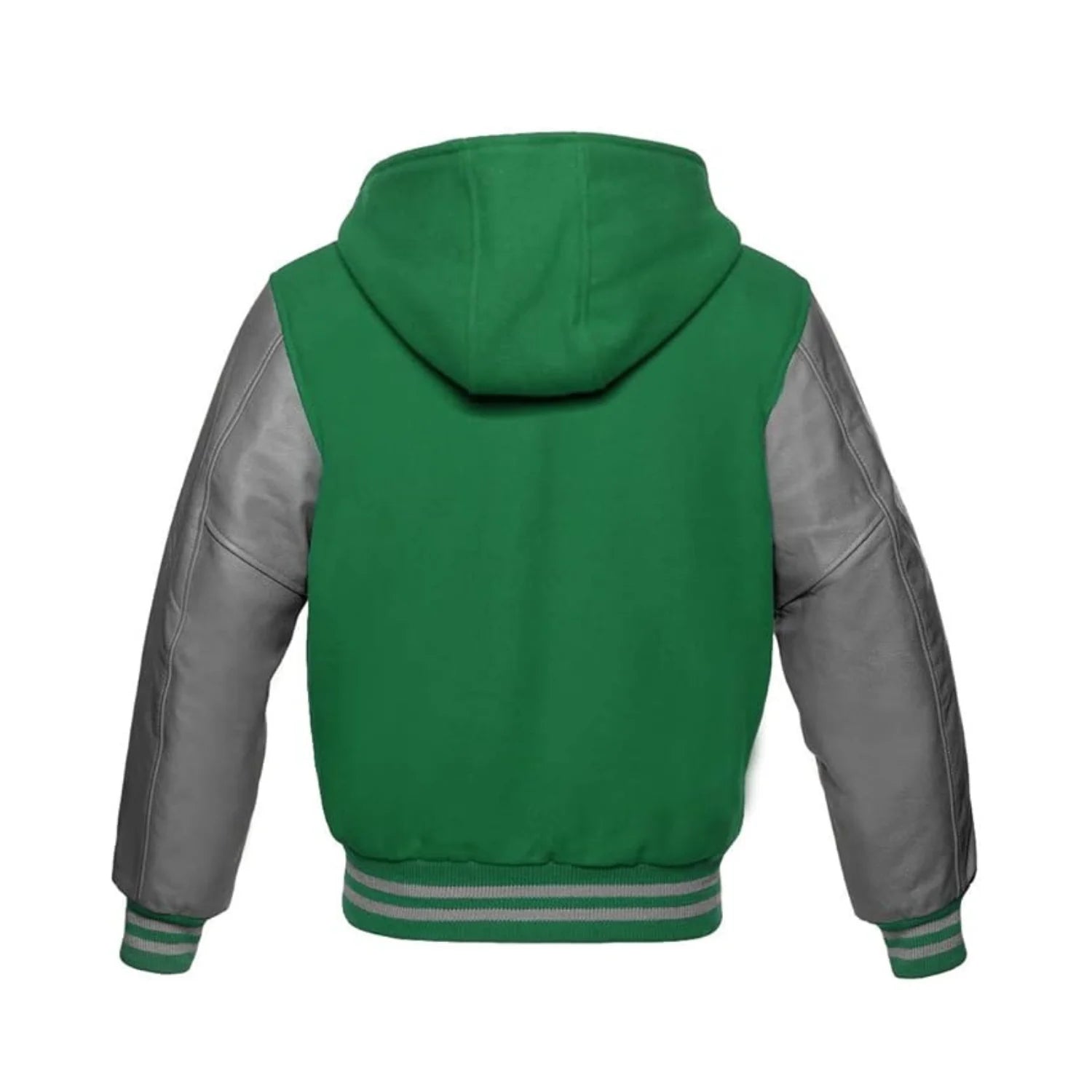 Light Green Wool and Grey Leather Hooded Varsity Jacket Back Side