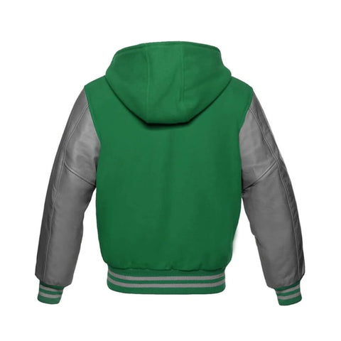 Light Green Wool and Grey Leather Hooded Varsity Jacket Back Side