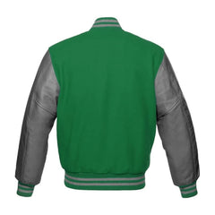 Light Green and Grey Varsity Jacket with Wool Body and Leather Sleeves Back Side