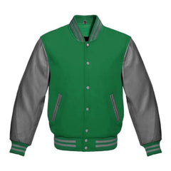 Light Green and Grey Varsity Jacket with Wool Body and Leather Sleeves