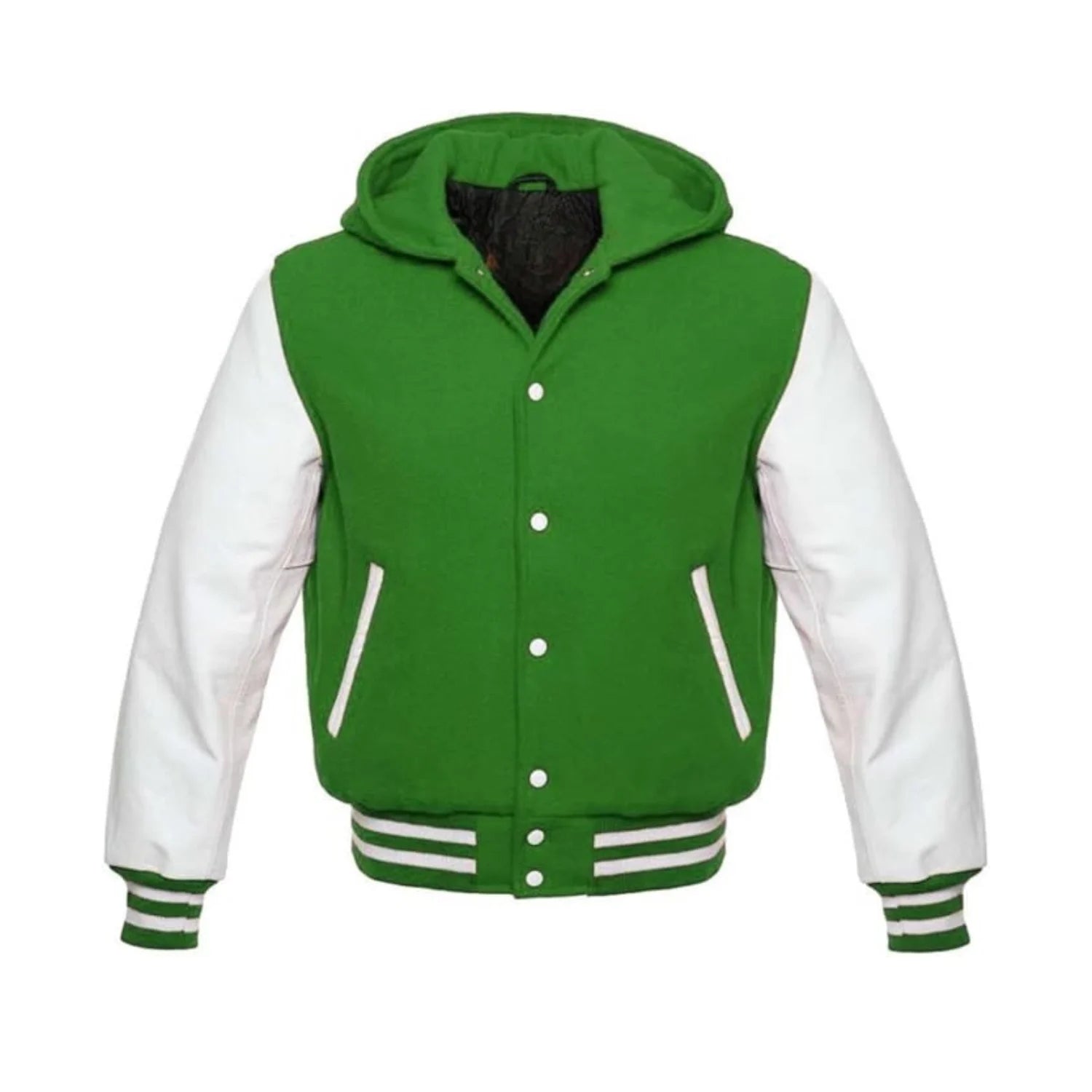 Light Green Wool and White Leather Hooded Varsity Jacket