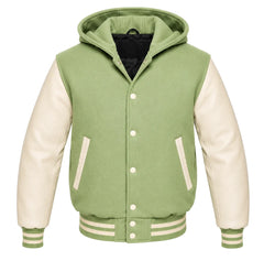 Light Green and Cream Hooded Varsity Jacket