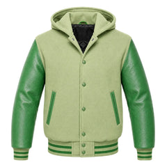 Light Green and Green Letterman Jacket with Hood