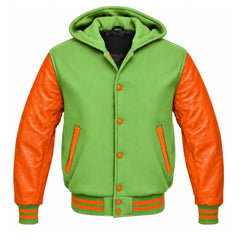 Light Green and Orange Varsity Jacket with Hood