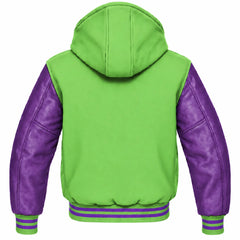 Light Green and Purple Hooded Letterman Jacket