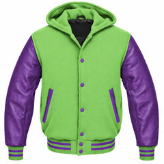 Light Green and Purple Hooded Letterman Jacket