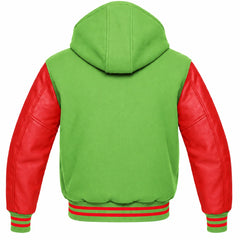 Light Green and Red Varsity Jacket with Hood