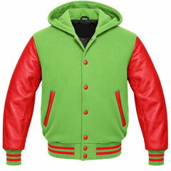 Light Green and Red Varsity Jacket with Hood