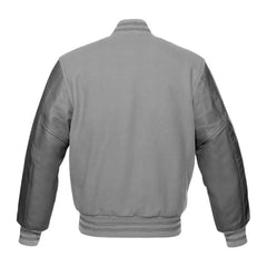 Grey Varsity Jacket with Wool Body and Leather Sleeves Back Side