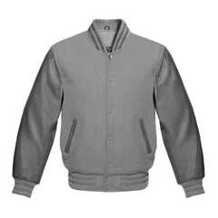 Grey Varsity Jacket with Wool Body and Leather Sleeves
