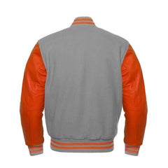 Light Grey Wool and Orange Leather Varsity Jacket Back Side