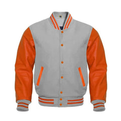 Light Grey Wool and Orange Leather Varsity Jacket