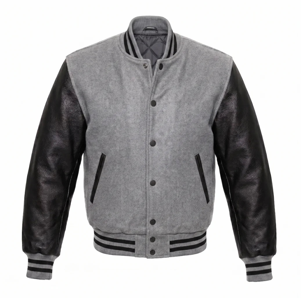 Light Grey and Black Varsity Jacket with Wool Body and Leather Sleeves