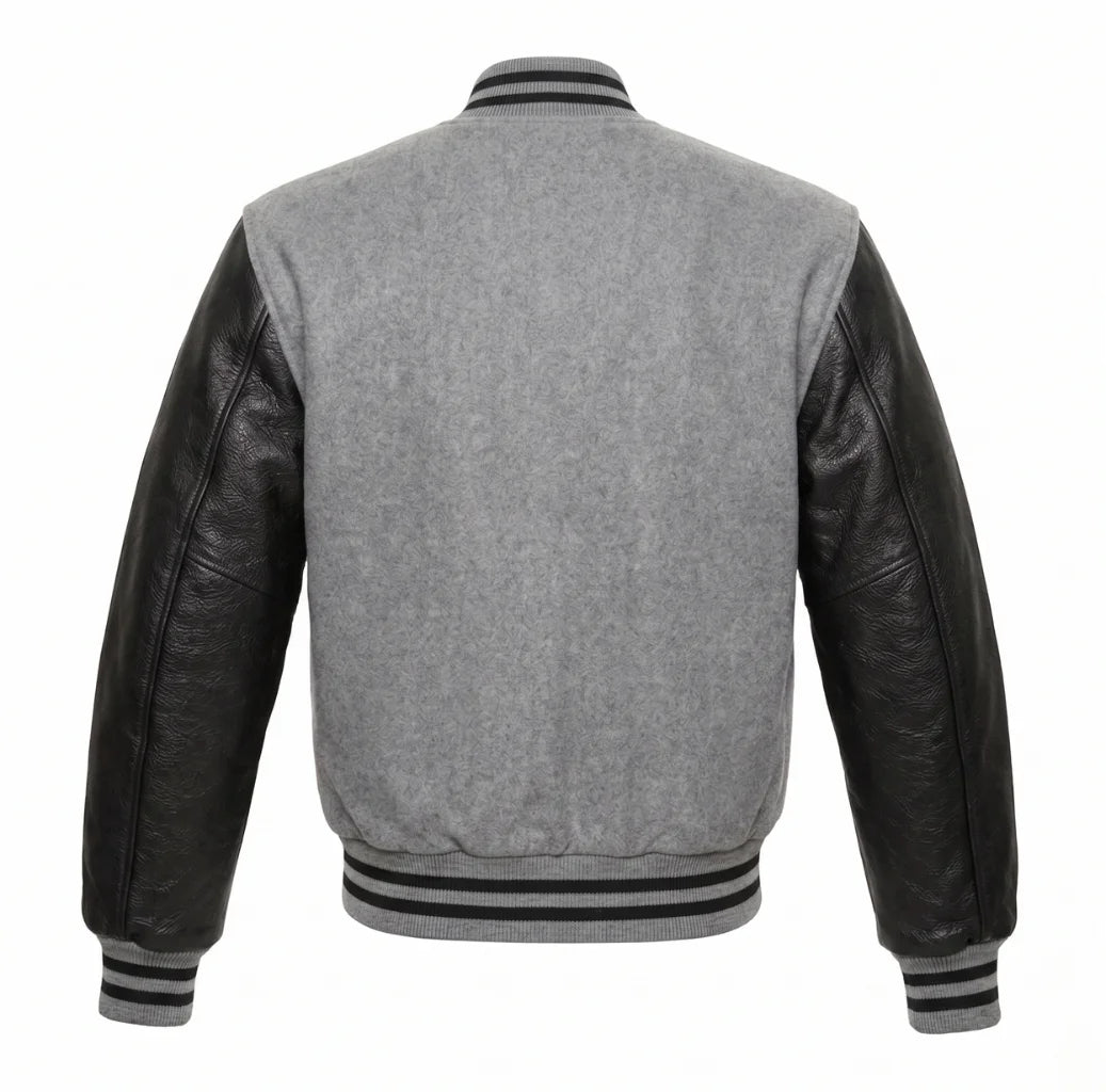 Light Grey and Black Varsity Jacket with Wool Body and Leather Sleeves Back View