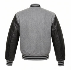 Light Grey and Black Varsity Jacket with Wool Body and Leather Sleeves Back View
