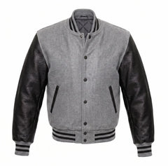 Light Grey and Black Varsity Jacket with Wool Body and Leather Sleeves