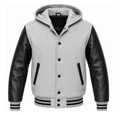 Light Grey and Black Varsity Jacket with Hood