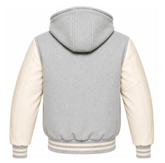 Light Grey and Cream Hooded Varsity Jacket