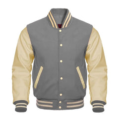 Light Grey and Cream Varsity Jacket with Wool Body and Leather Sleeves