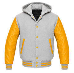 Light Grey and Gold Letterman Jacket with Hood