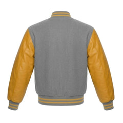 Light Grey and Gold Varsity Jacket with Wool Body and Leather Sleeves Back Side