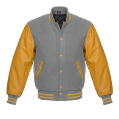 Light Grey and Gold Varsity Jacket with Wool Body and Leather Sleeves