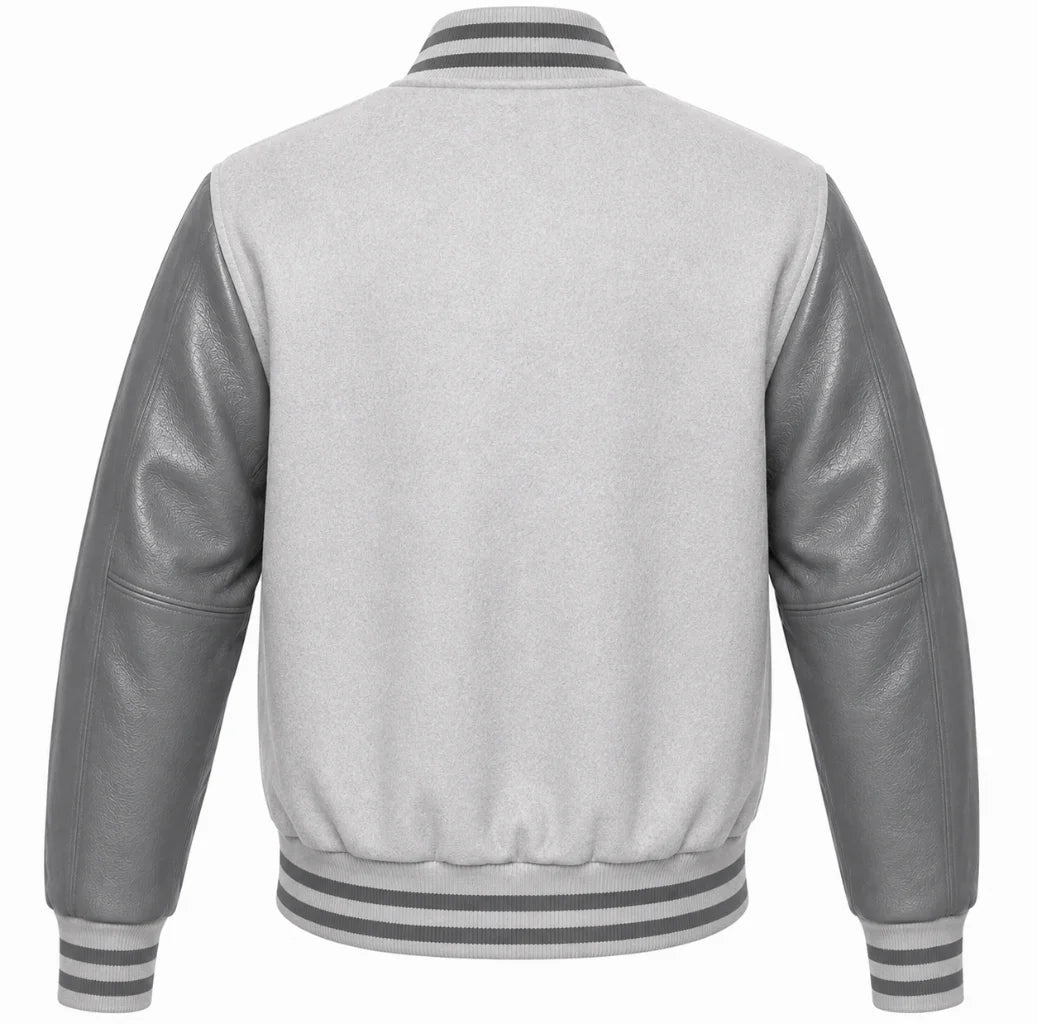 Light grey wool letterman jacket with grey cowhide sleeves, back view