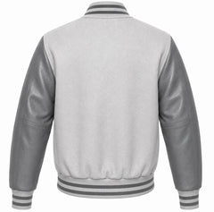 Light grey wool letterman jacket with grey cowhide sleeves, back view