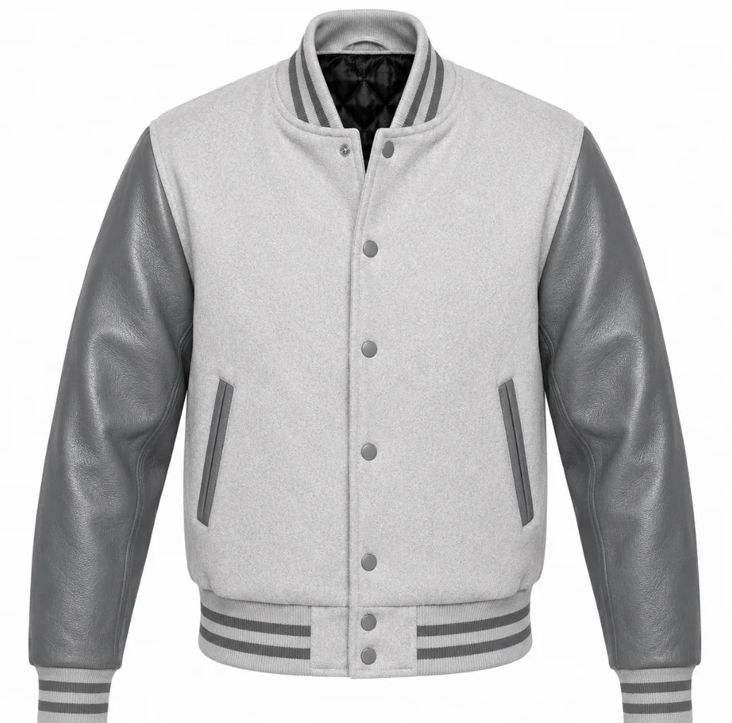 Light grey melton wool letterman jacket with darker grey leather sleeves, front view