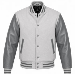 Light grey melton wool letterman jacket with darker grey leather sleeves, front view