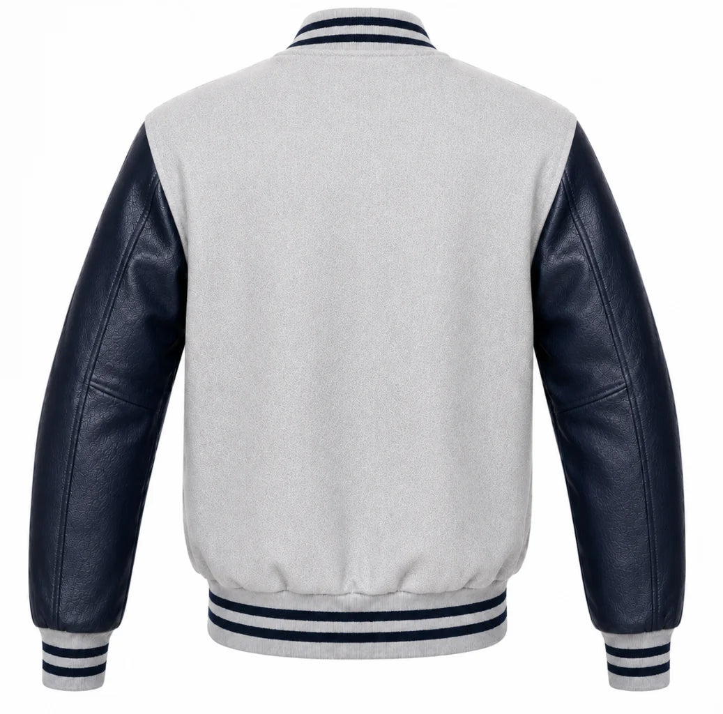 Light grey wool letterman jacket with navy blue cowhide sleeves, back view