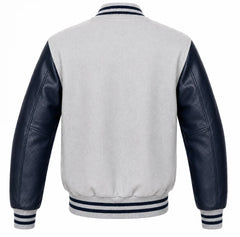Light grey wool letterman jacket with navy blue cowhide sleeves, back view