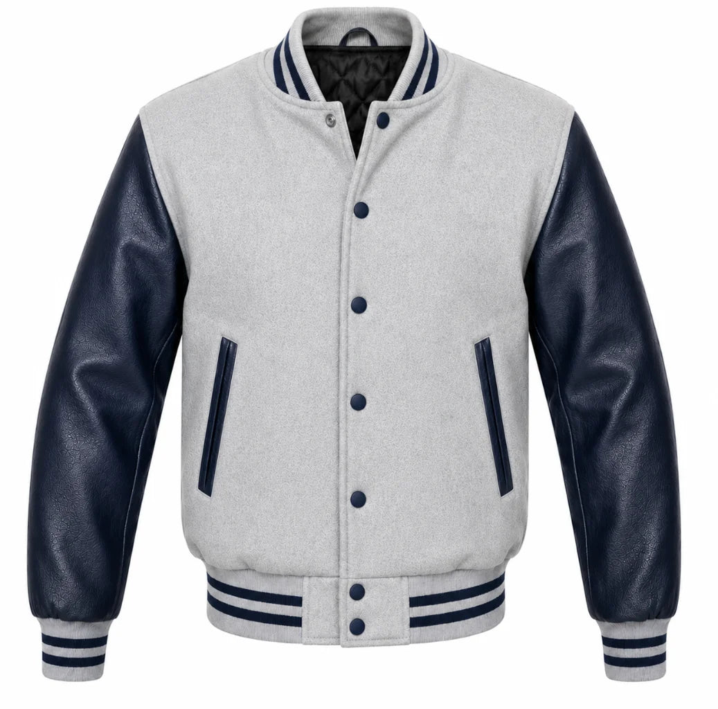 Light grey melton wool letterman jacket with navy blue leather sleeves, front view