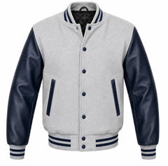 Light grey melton wool letterman jacket with navy blue leather sleeves, front view