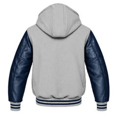 Light Grey and Navy Blue Varsity Jacket with Hood